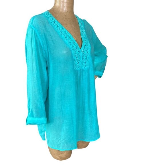 Grande & Greene Tunic Top Lace Button Accents L Turquoise #317G - Picture 3 of 8